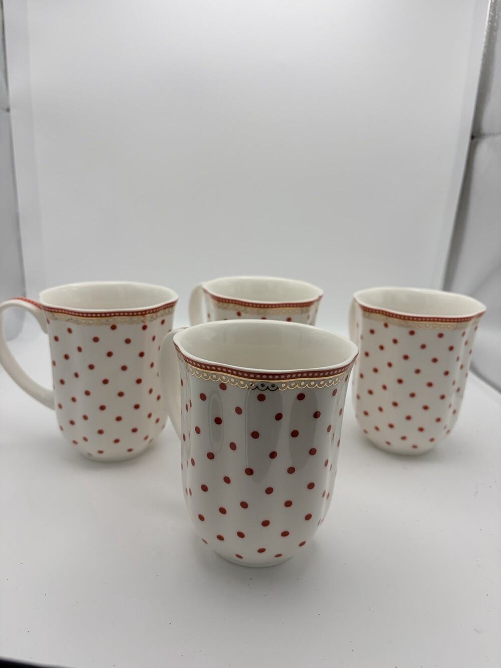 Grace Teaware White Red Dots Fine Porcelain 14 oz. Coffee Mugs Set of Four New